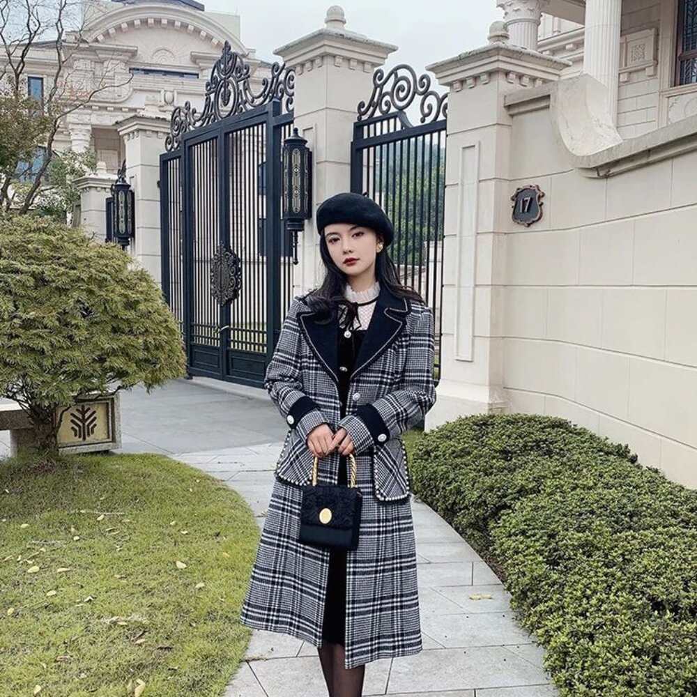 Mr. Water New York Black and White Plaid Long Wool Coat